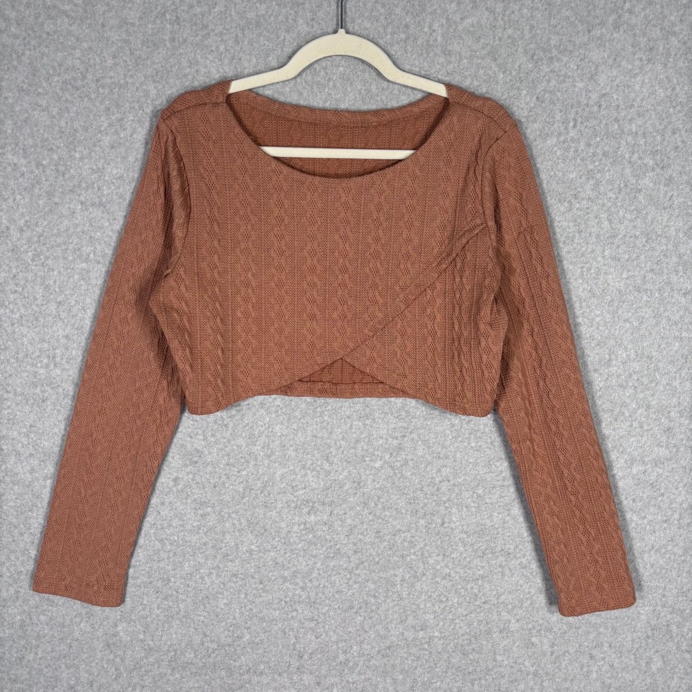 Wrap Cable Knit Crop Top XL Brown Crossover Dance Yoga Preppy Neutral